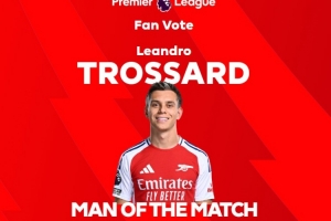 首开记录,英超官方:特罗萨德当选阿森纳1-1埃弗顿球迷票选最佳